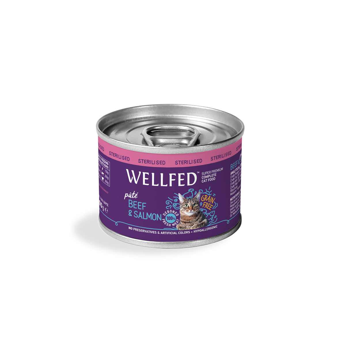 Κονσέρβα WELLFED για Ενήλικες Στειρωμένες Γάτες Μοσχάρι, σολομός & λάδι σολομού