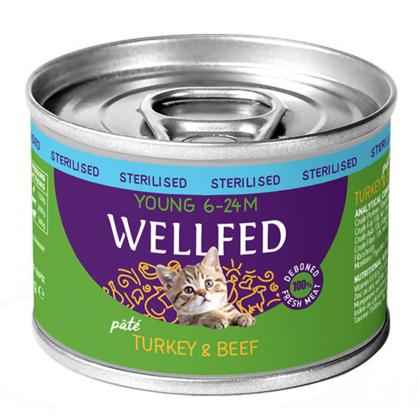 Κονσέρβα WELLFED για Στειρωμένα Νεαρά Γατάκια 6 μηνών - 2 ετών Μοσχάρι, Γαλοπούλα & Λάδι Σολομού