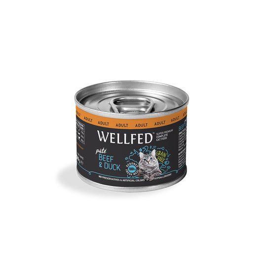 Κονσέρβα WELLFED για Ενήλικες Γάτες 1-7 ετών Μοσχάρι, πάπια & λάδι σολομού 200gr