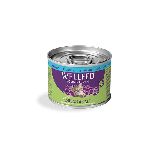 Κονσέρβα WELLFED για Στειρωμένα Νεαρά Γατάκια 6 μηνών - 2 ετών Κοτόπουλο, Μοσχαράκι & Λάδι Σολομού