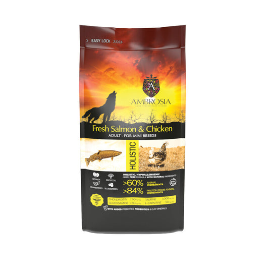 Τροφή Σκύλου mini με Κοτόπουλα και Φρέσκο Σολομό AMBROSIA